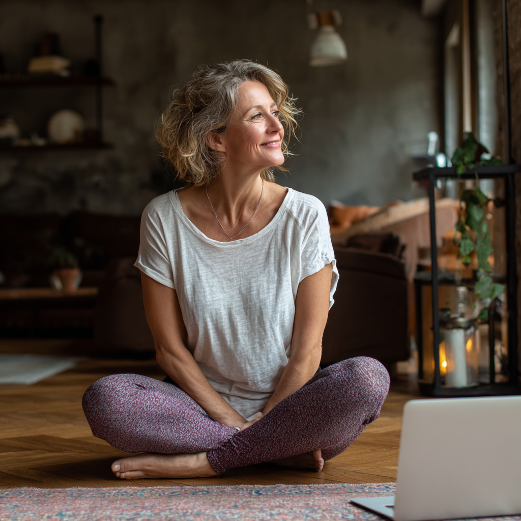 Жена на 52 години практикува йога у дома пред лаптоп, усмихната и концентрирана в удобна домашна среда