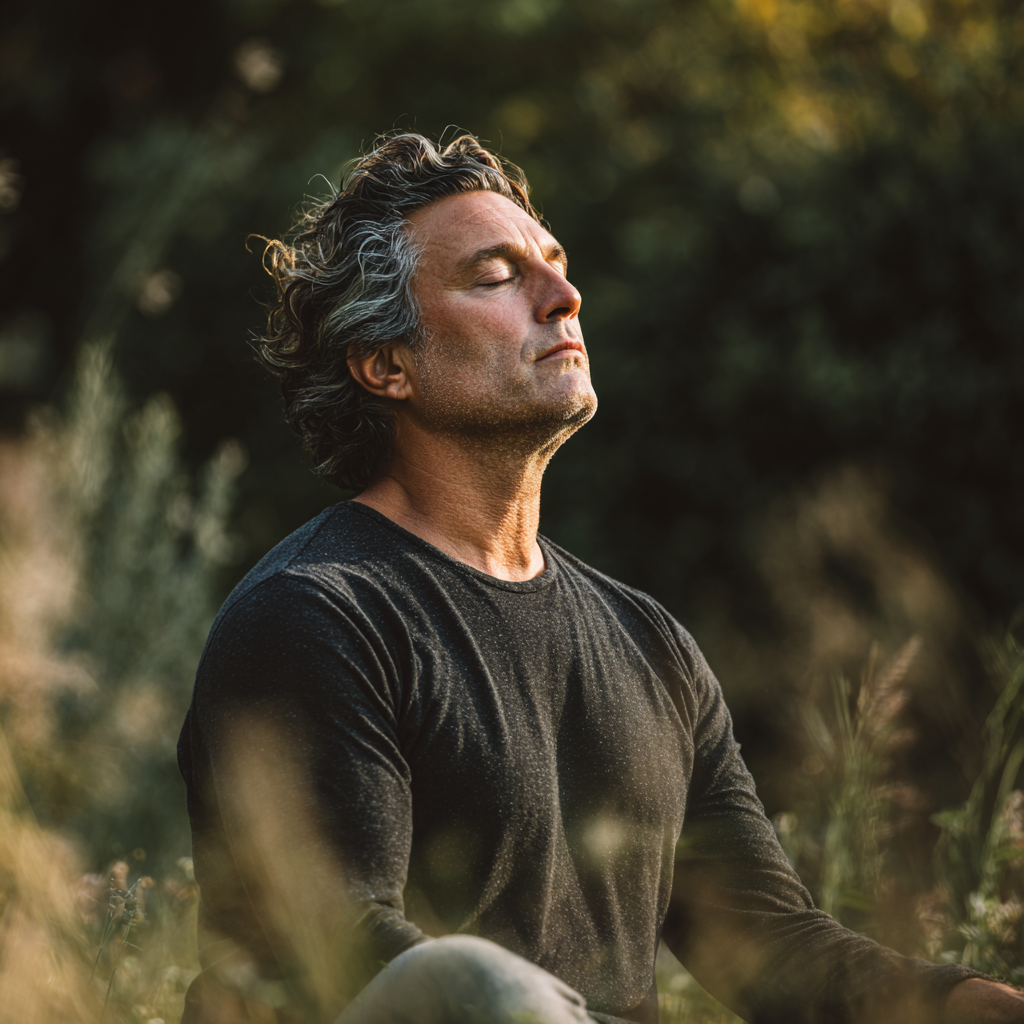 Мъж на 58 години в медитативна поза сред природа, спокоен и съсредоточен с затворени очи