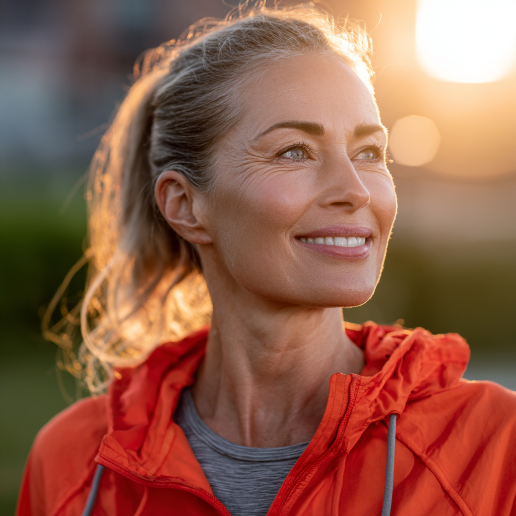 Щаслива жінка європейської зовнішності середнього віку (40-50 років) з сяючою посмішкою, одягнена в спортивний одяг, виконує легкі вправи для суглобів на природі