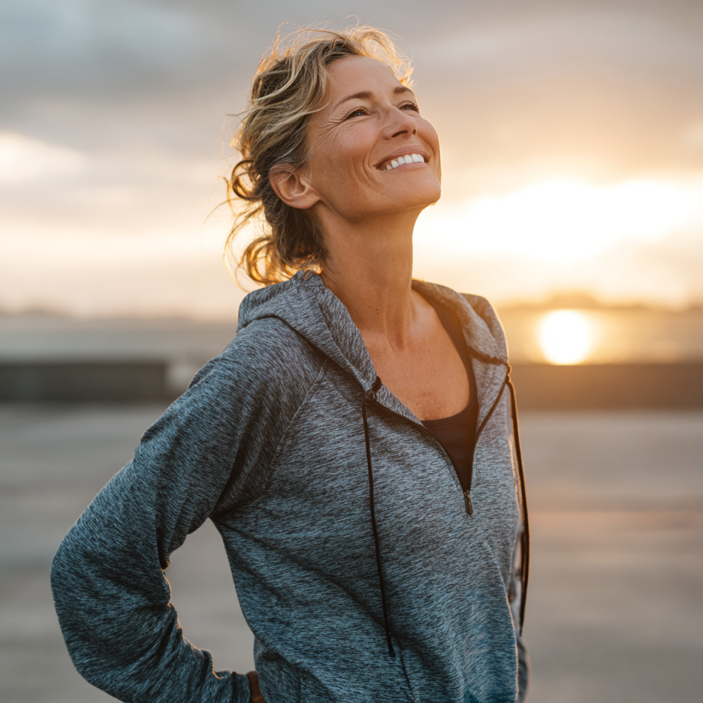 Чоловік європейської зовнішності 35-45 років з доброзичливою посмішкою, одягнений в комфортний спортивний костюм, демонструє правильну поставу та рухи для здоров'я суглобів