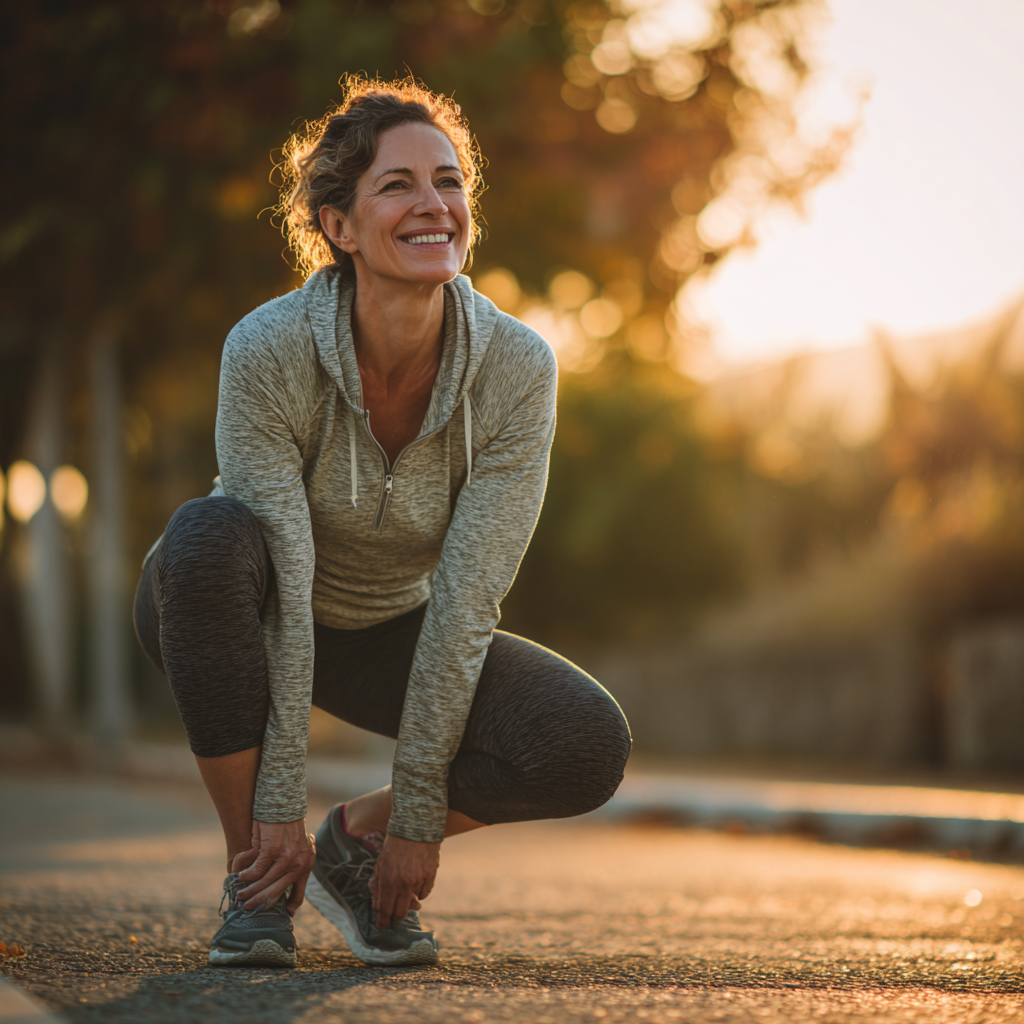 Пожилий чоловік європейської зовнішності (60-70 років) з доброзичливою посмішкою, одягнений в комфортний спортивний костюм, демонструє легкі рухи для суглобів у домашніх умовах
